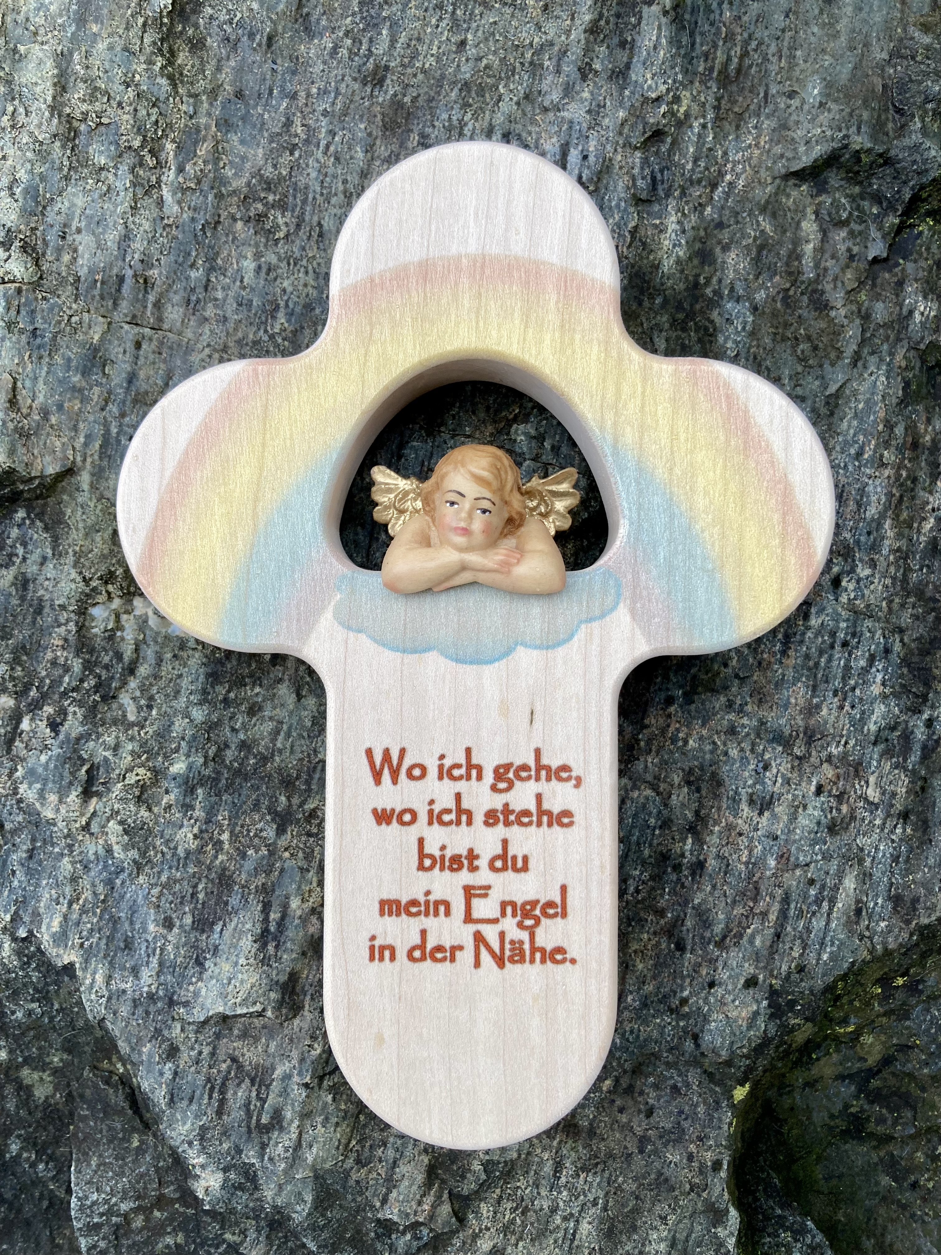 Kinderkreuz aus Holz mit Engel und Spruch