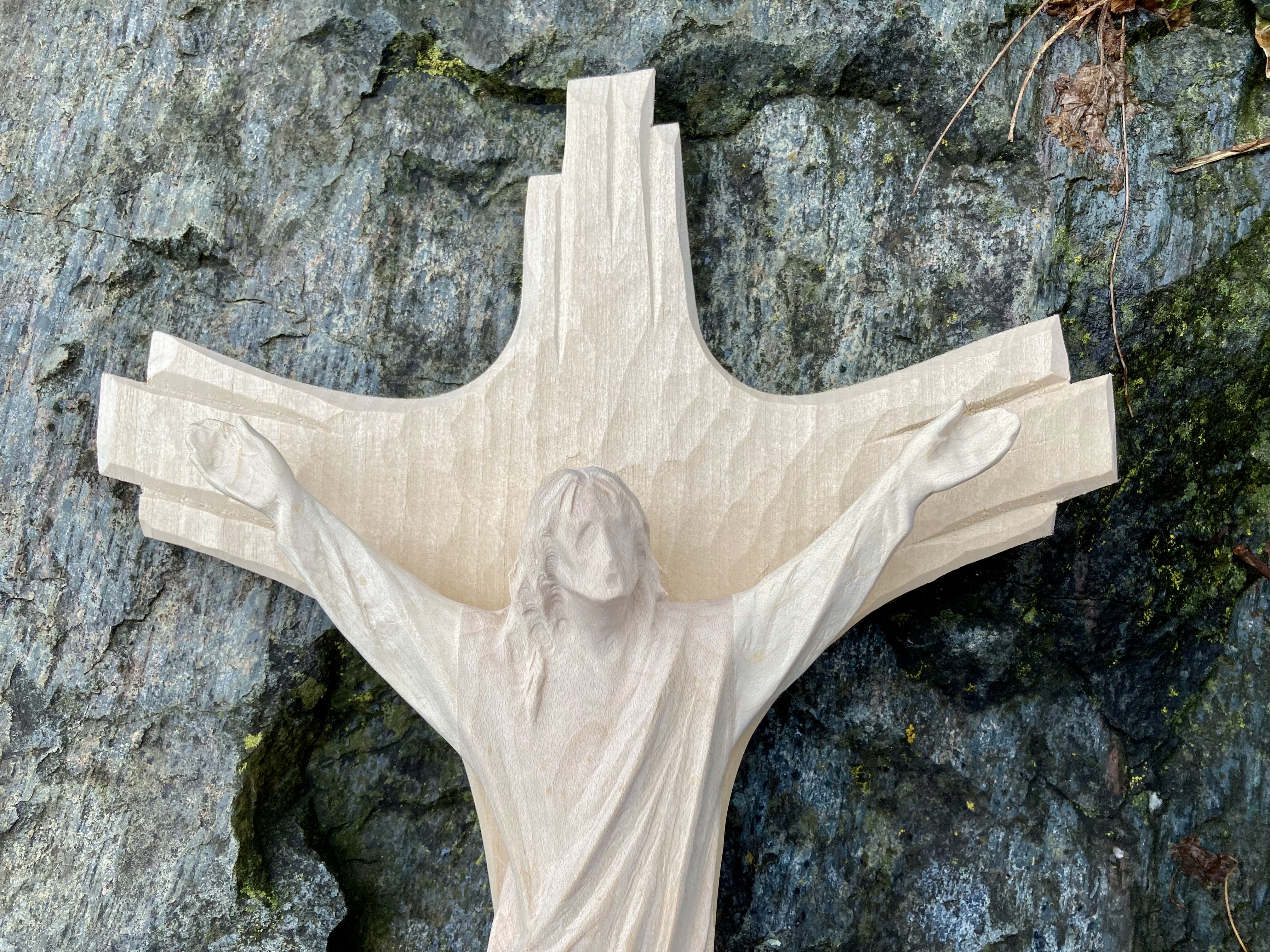 modern wooden peace cross with bird, 18 cm