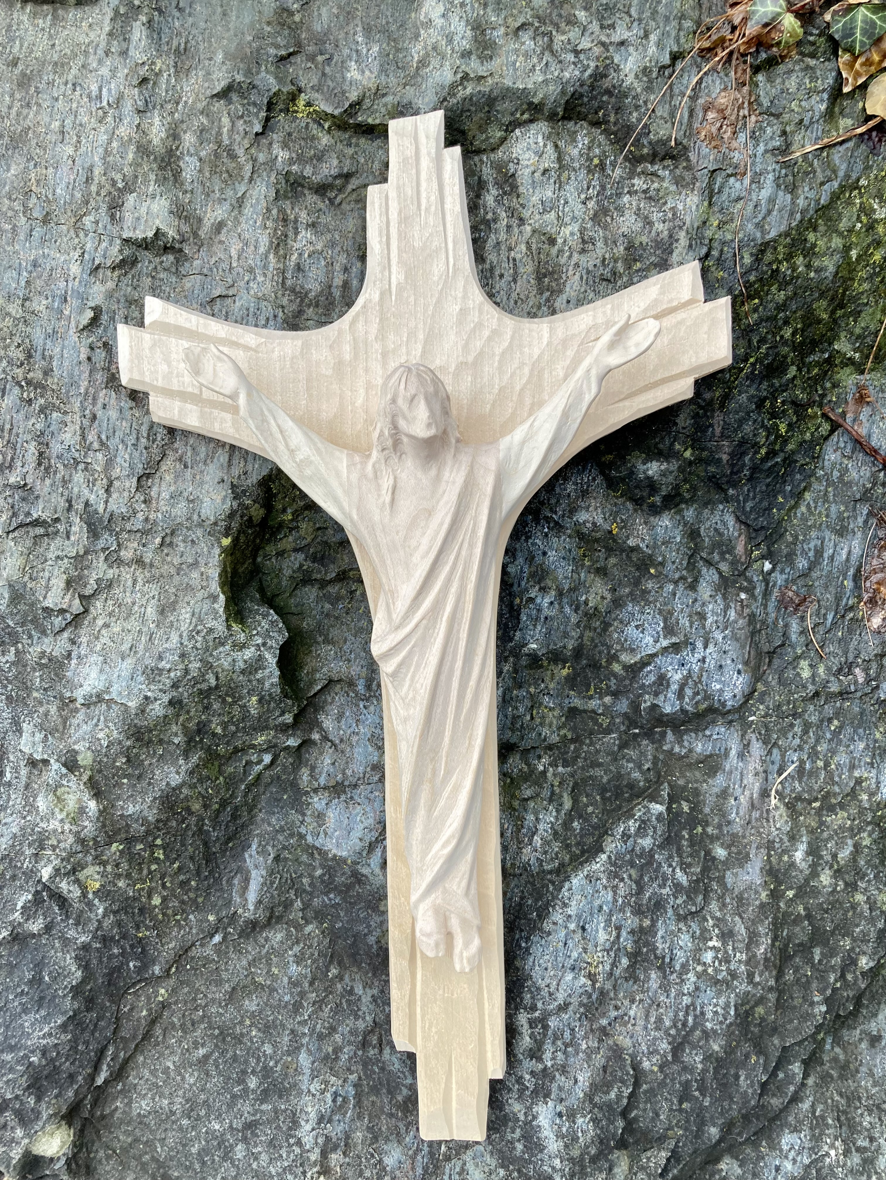 modern wooden peace cross with bird, 18 cm