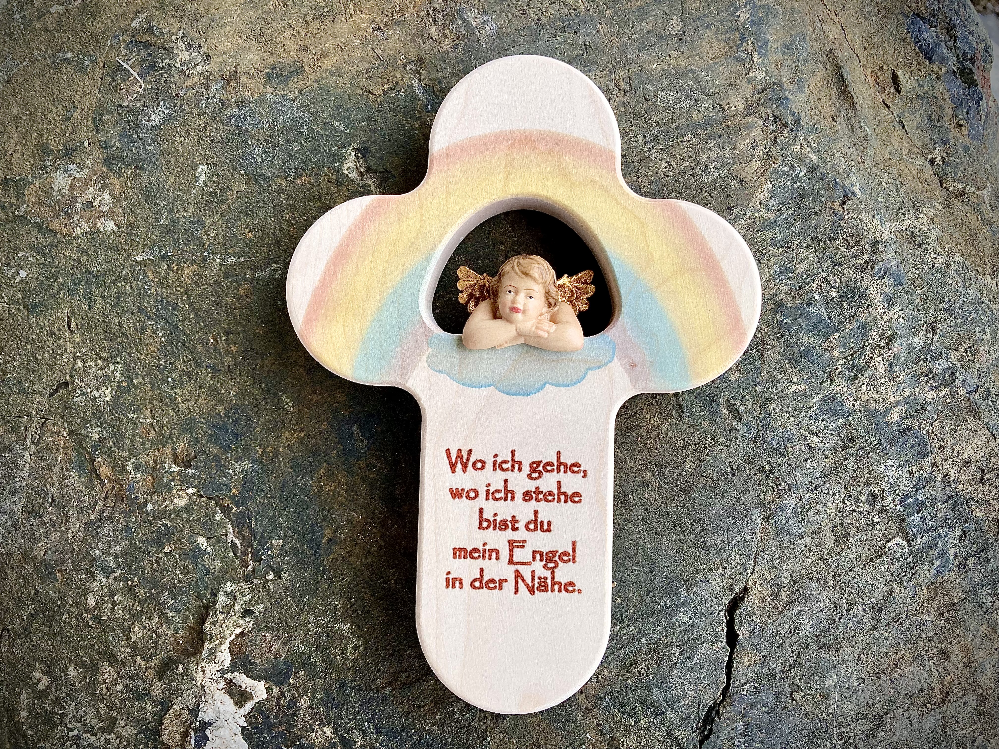 Kinderkreuz aus Holz mit Engel und Spruch