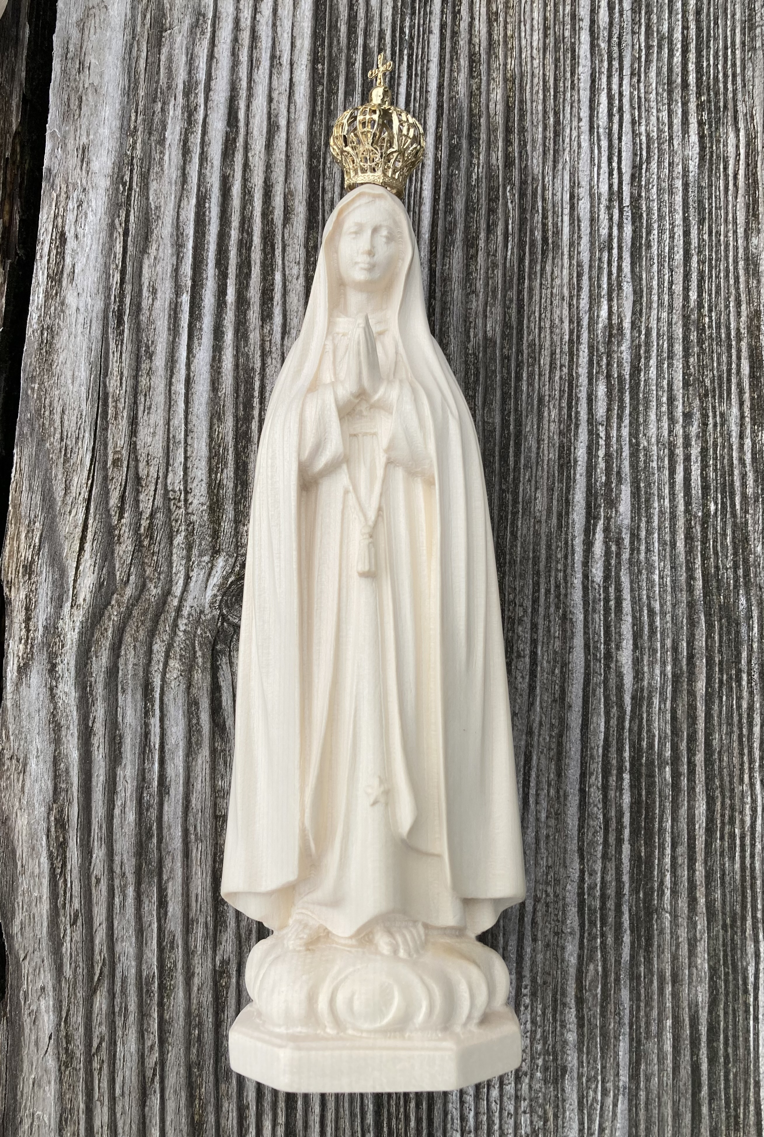 Madonna Fatima mit Krone, geschnitzte Holzfigur 