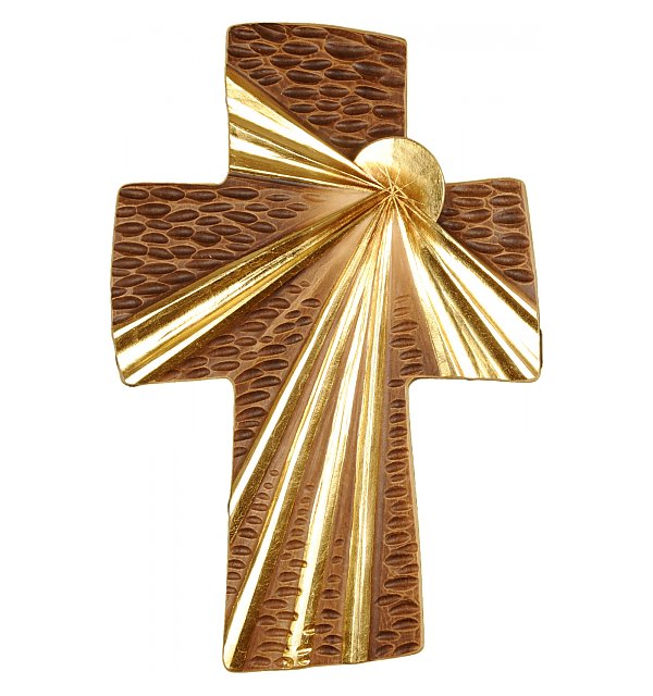 modernes Holzkreuz mit Sonne, aus Holz geschnitzt