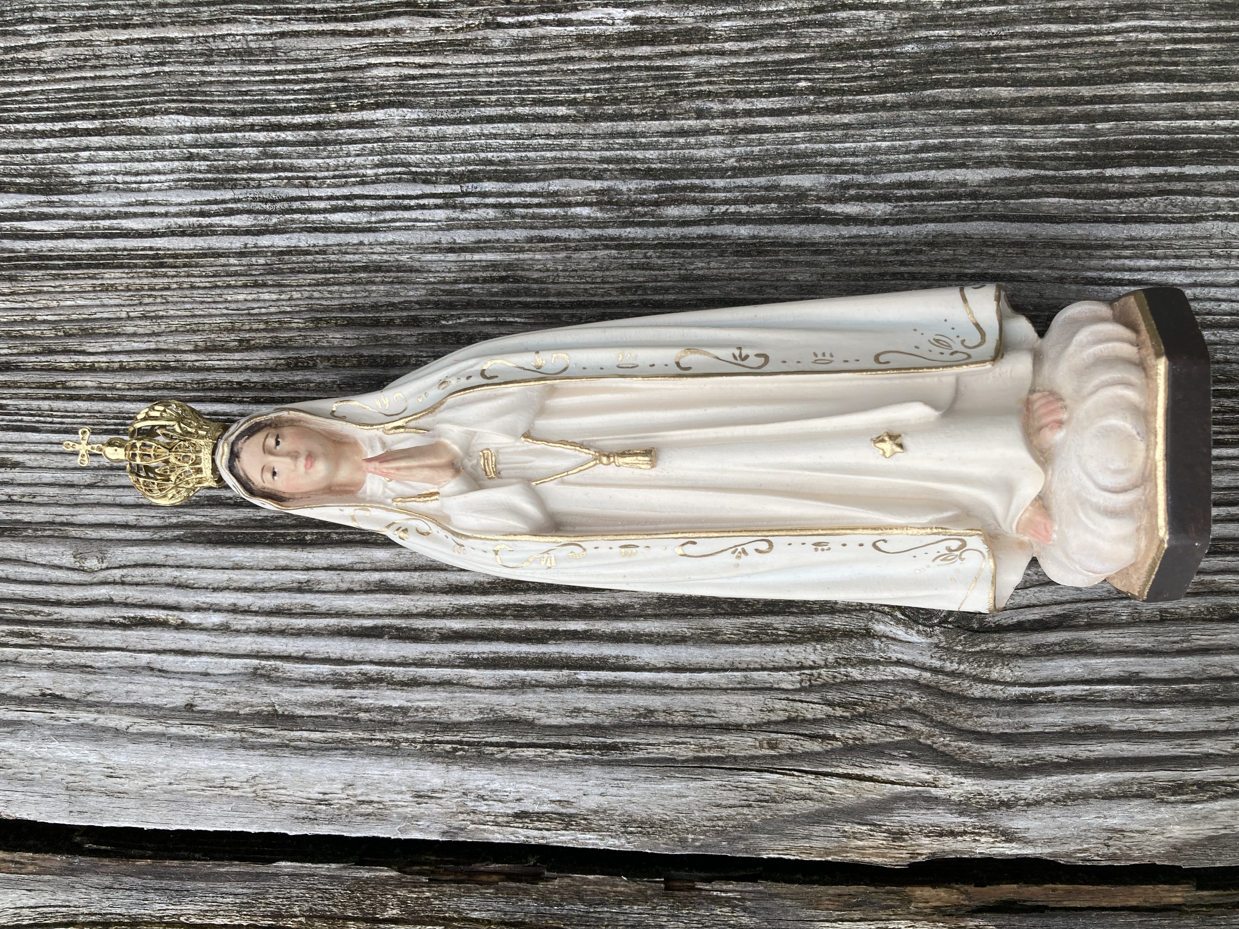 Madonna Fatima mit Krone, geschnitzte Holzfigur 