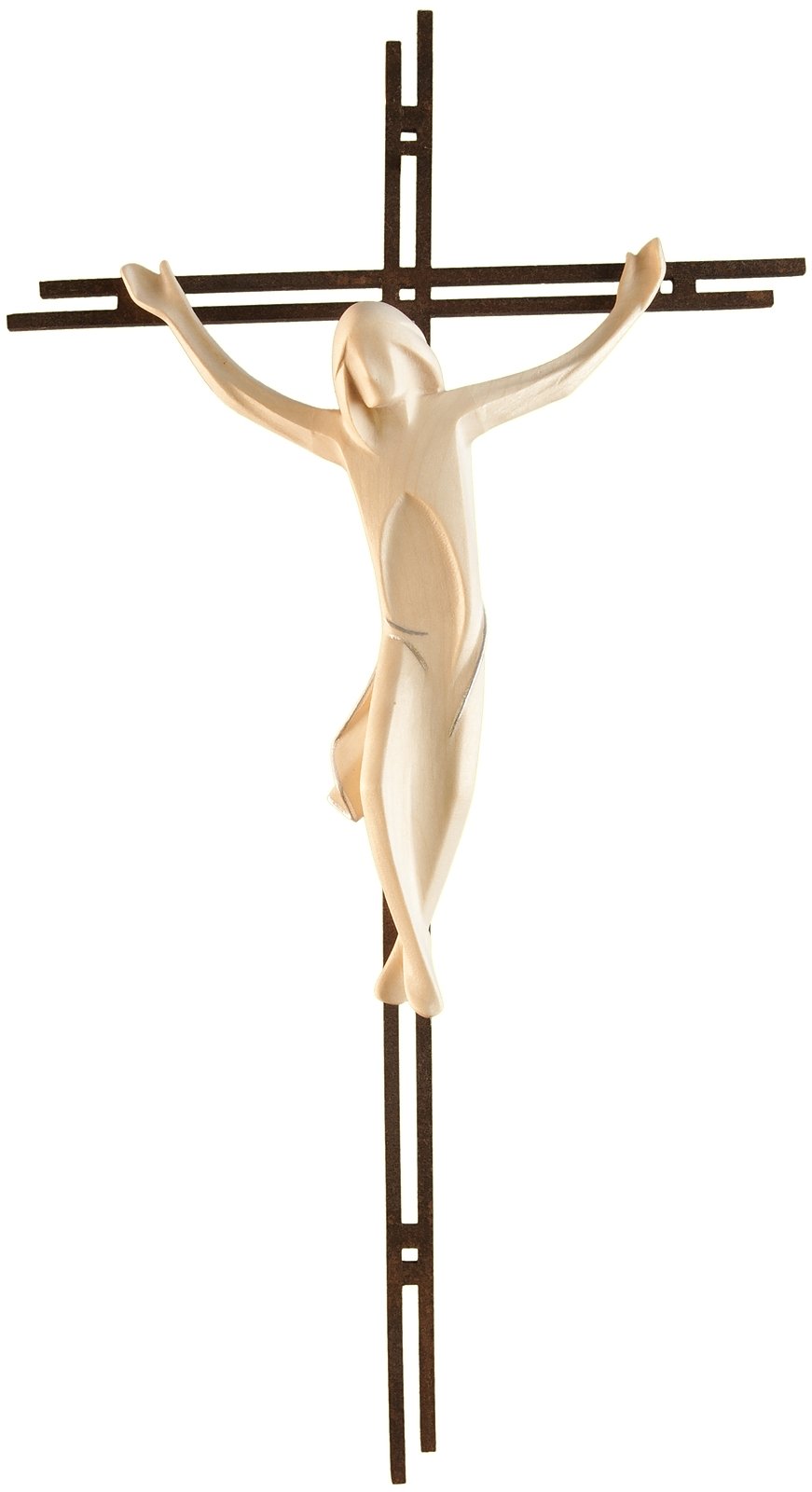 Christus am Kreuz modern, aus Holz geschnitzt, auf Metallkreuz Cortenstahl