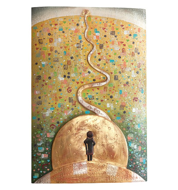 Relief Bild Lebensweg, geschnitzt nach Gustav Klimt