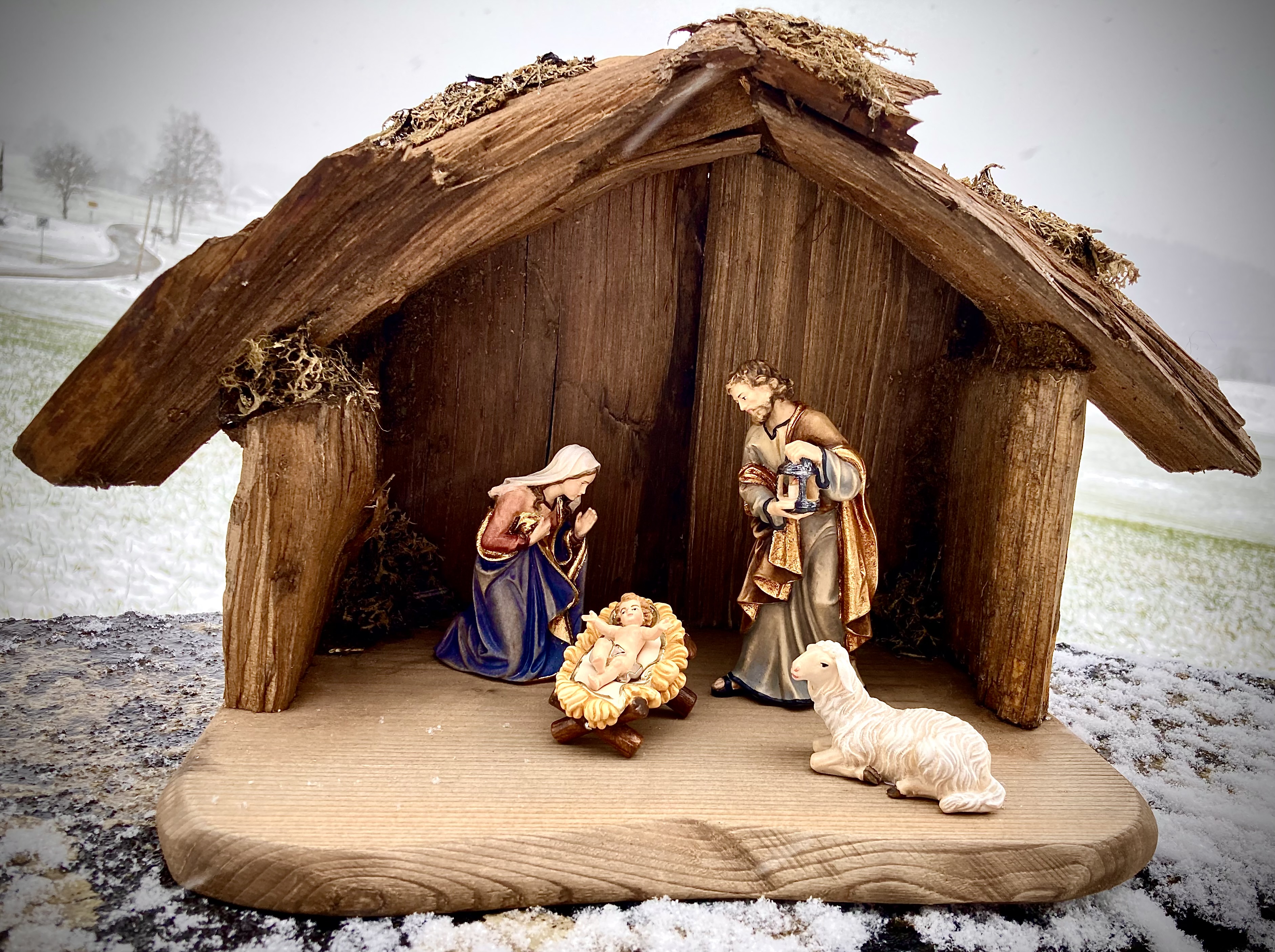 Krippen-Set: Wurzelstall, 6-teilig, mit Kostner-Krippe 12 cm